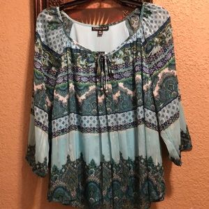 NWT Dina and Ariel PXL Blouse. Gorgeous blues & greens.  Sheer sleeve. Liner.